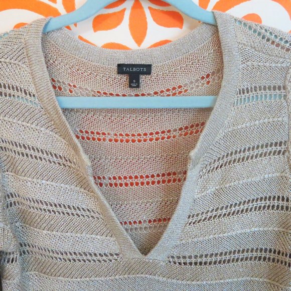 Talbots Woven Beige & Gold V-Neck Sweater S - Picture 2 of 3